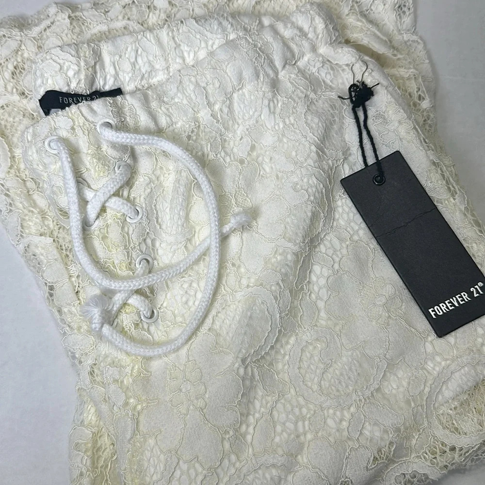 Forever 21 Cream Pull On Sheer Lace Flare Pants Womens Sz Medium NWT Cottagecore